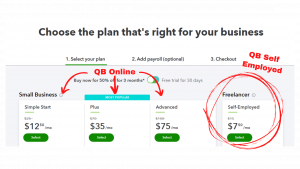 Quickbooks pricing page screenshot showing where to find Quickbooks Self Employed